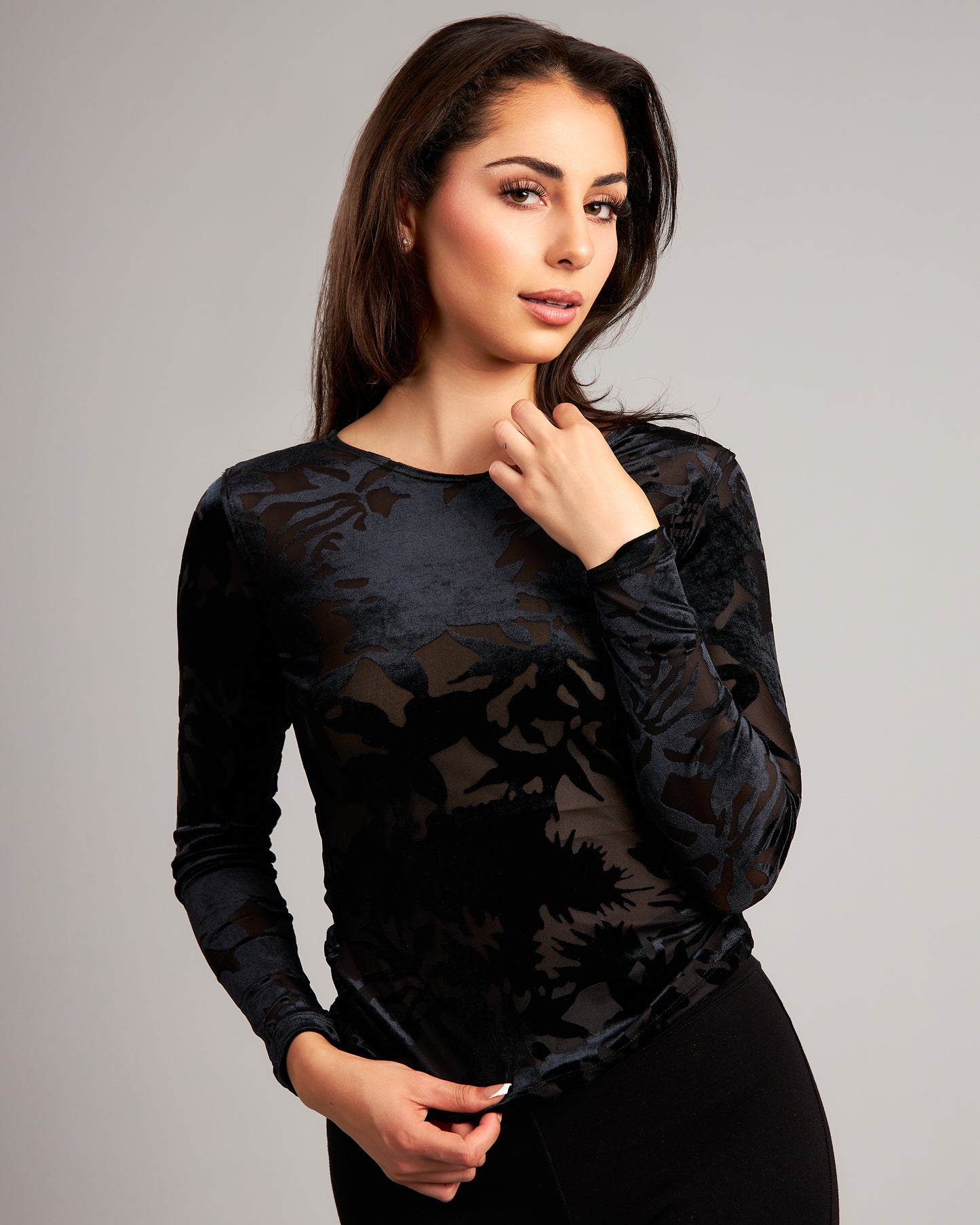 Burnout Stretch Velvet Long Sleeve Top