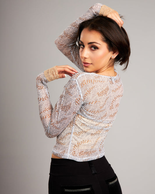 *Sample* Long Sleeve Lace Trimmed Power Mesh T-Shirt