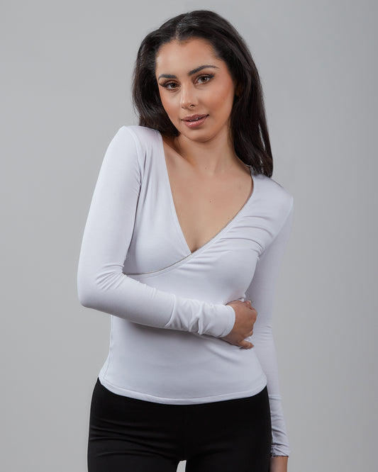 Knit Long Sleeve Wrap Front Top with Chainé Trim