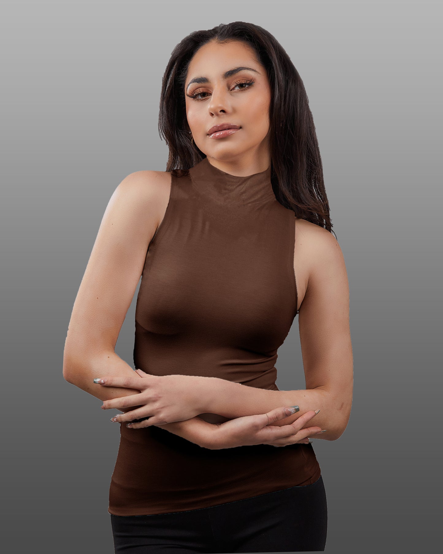 Knit Sleeveless Mock Turtleneck Tank Top with Cut in Shoulders