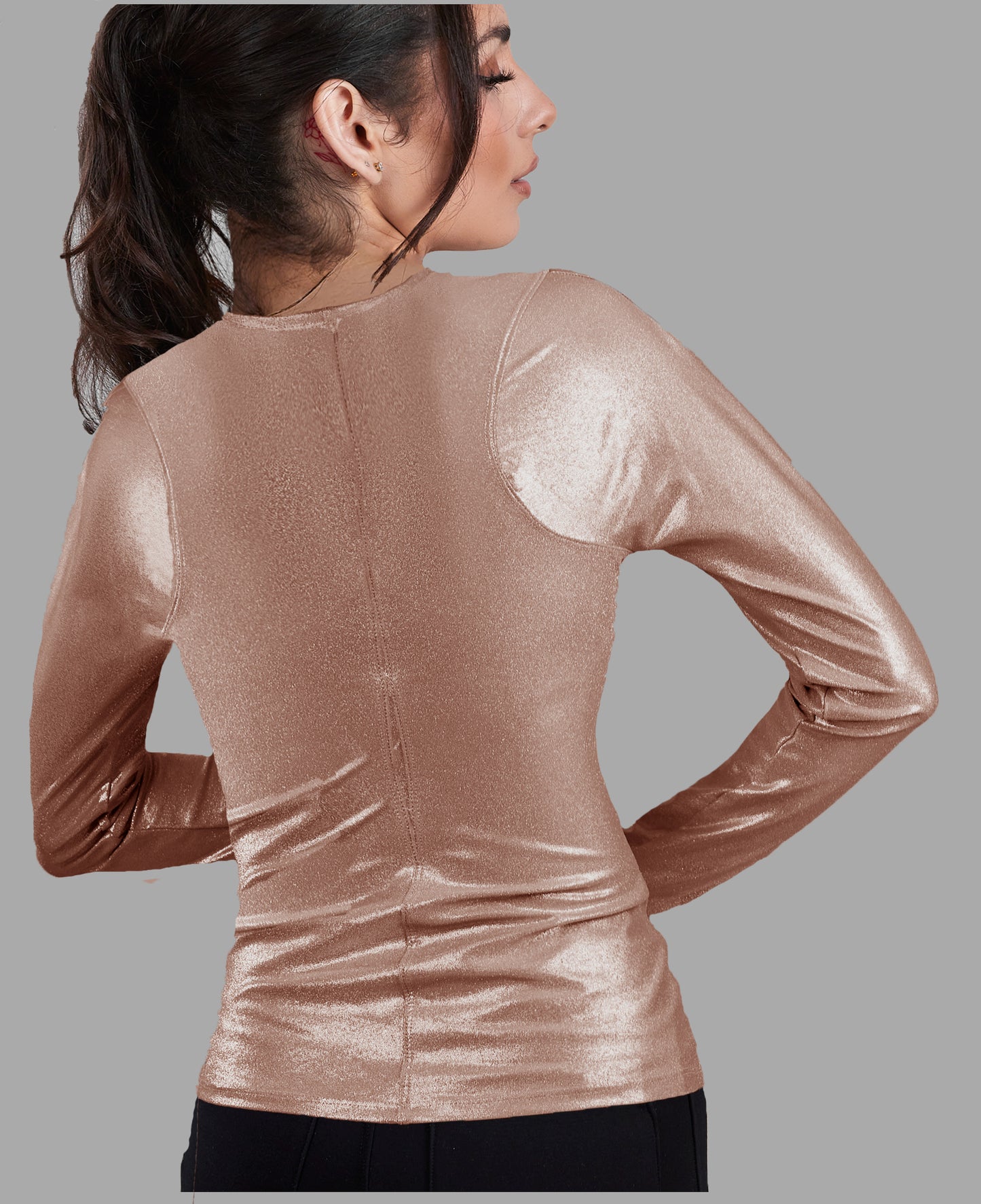 Metallic Long Sleeve Racerback Top Rose Gold