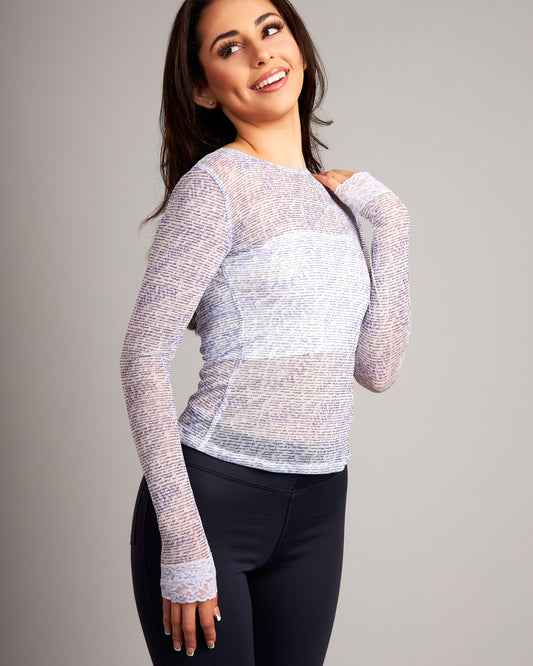 Long Sleeve Lace Trimmed Power Mesh T-Shirt