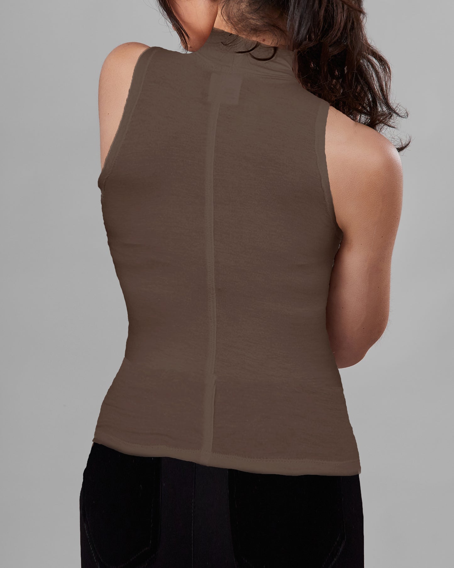 Knit Sleeveless Mock Turtleneck Tank Top with Cut in Shoulders