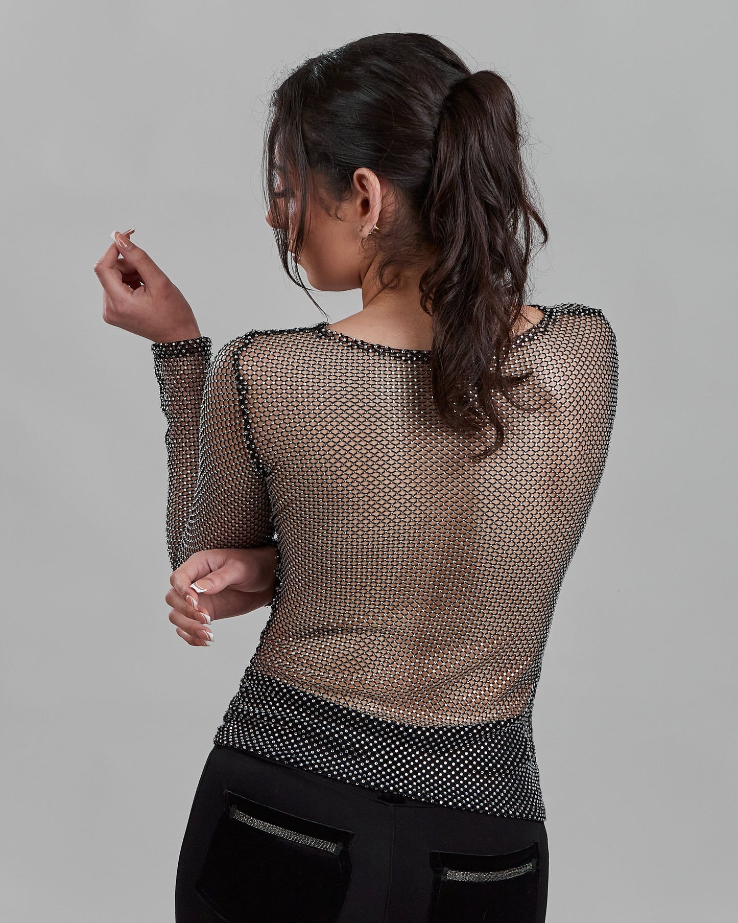 Long Sleeve Rhinestone Studded Stretch Net Top