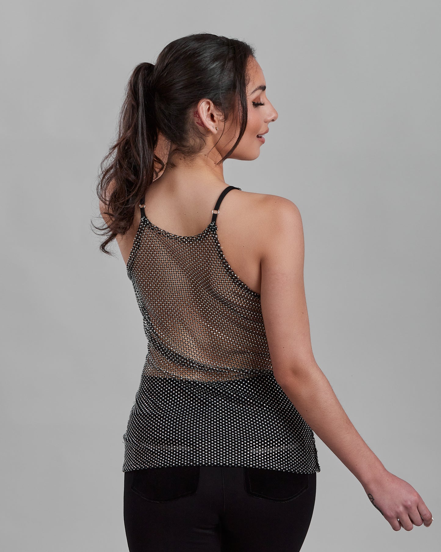 Rhinestone Studded Stretch Net Tank Top