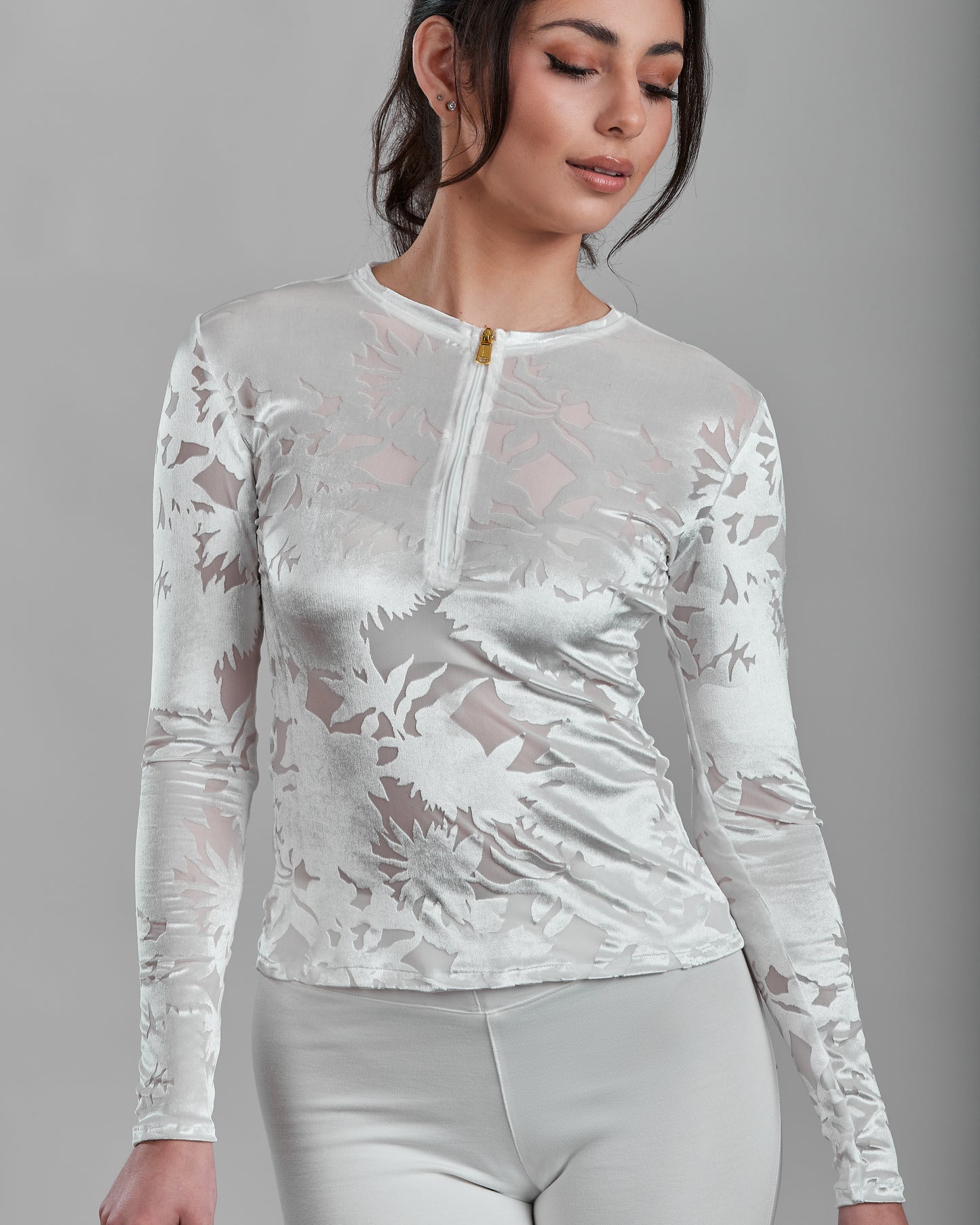 Burnout Stretch Velvet Long Sleeve Zipper Top