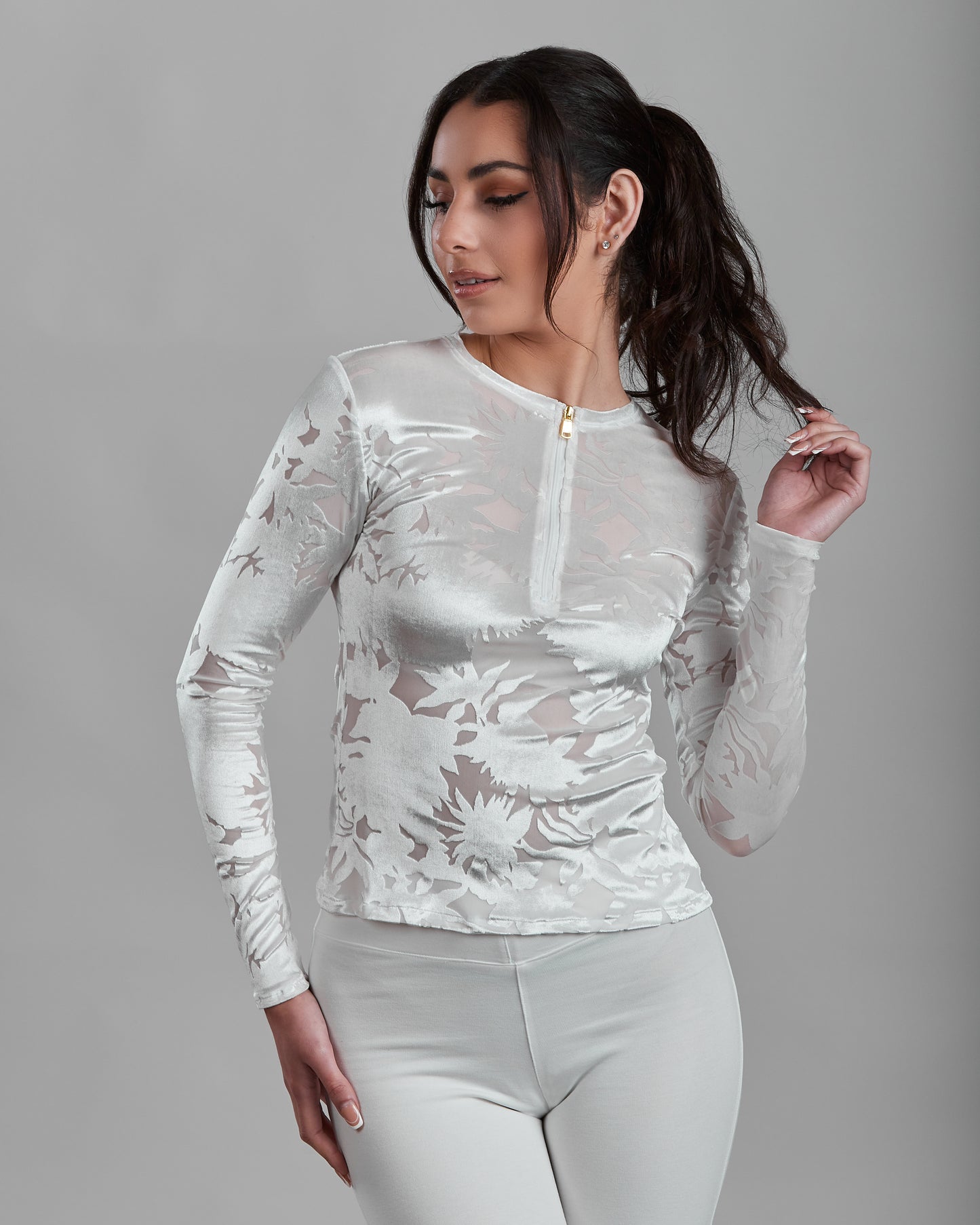 Burnout Stretch Velvet Long Sleeve Zipper Top