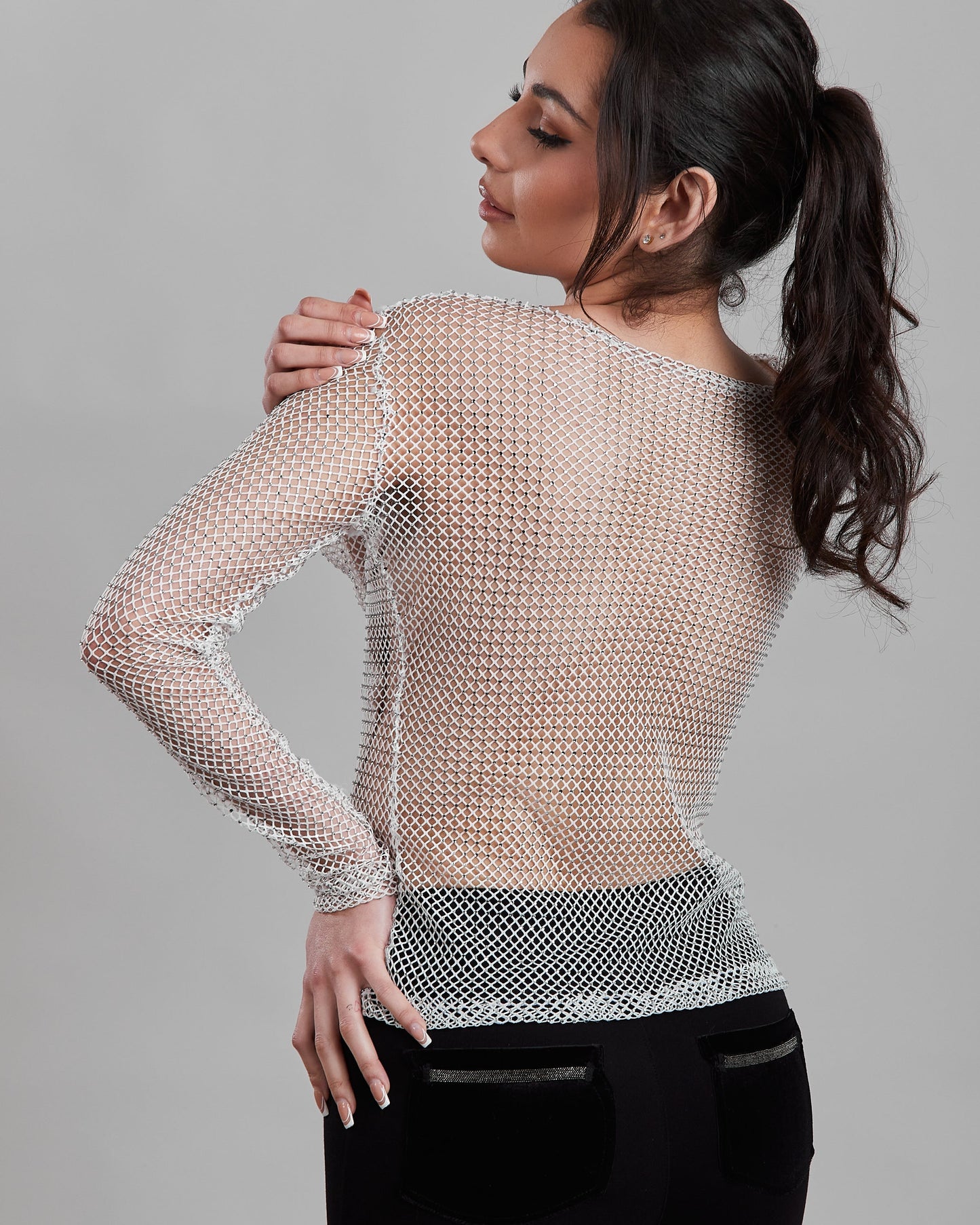 Long Sleeve Rhinestone Studded Stretch Net Top