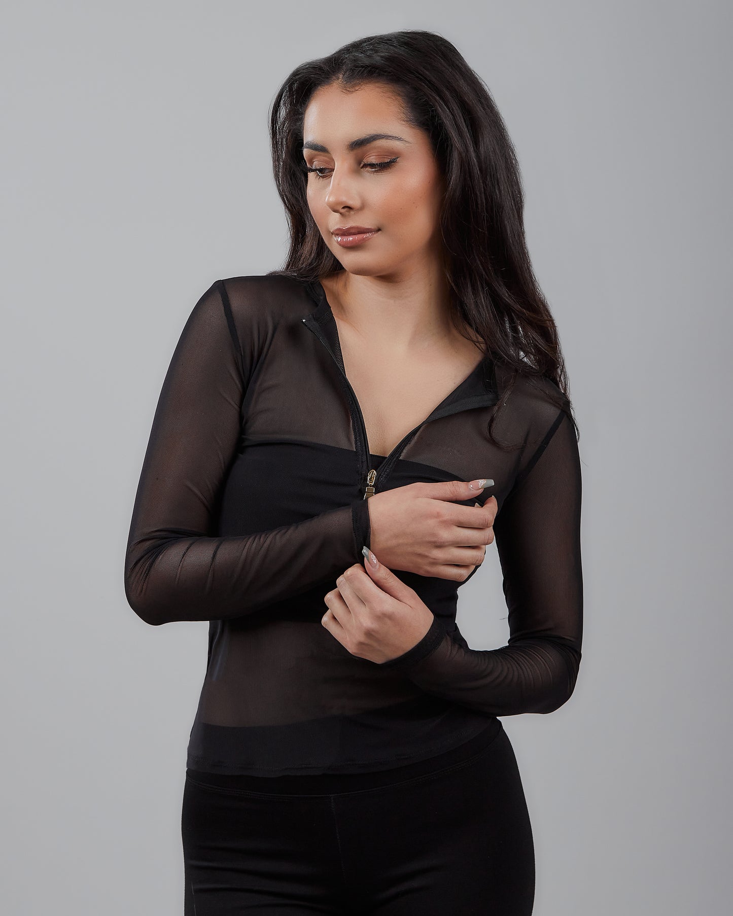 Long Sleeve Power Mesh Zipper Top