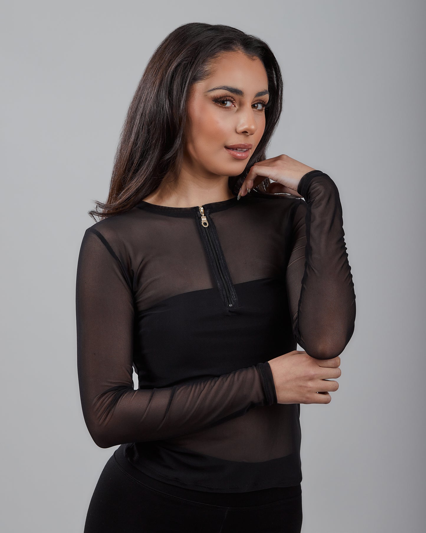 Long Sleeve Power Mesh Zipper Top