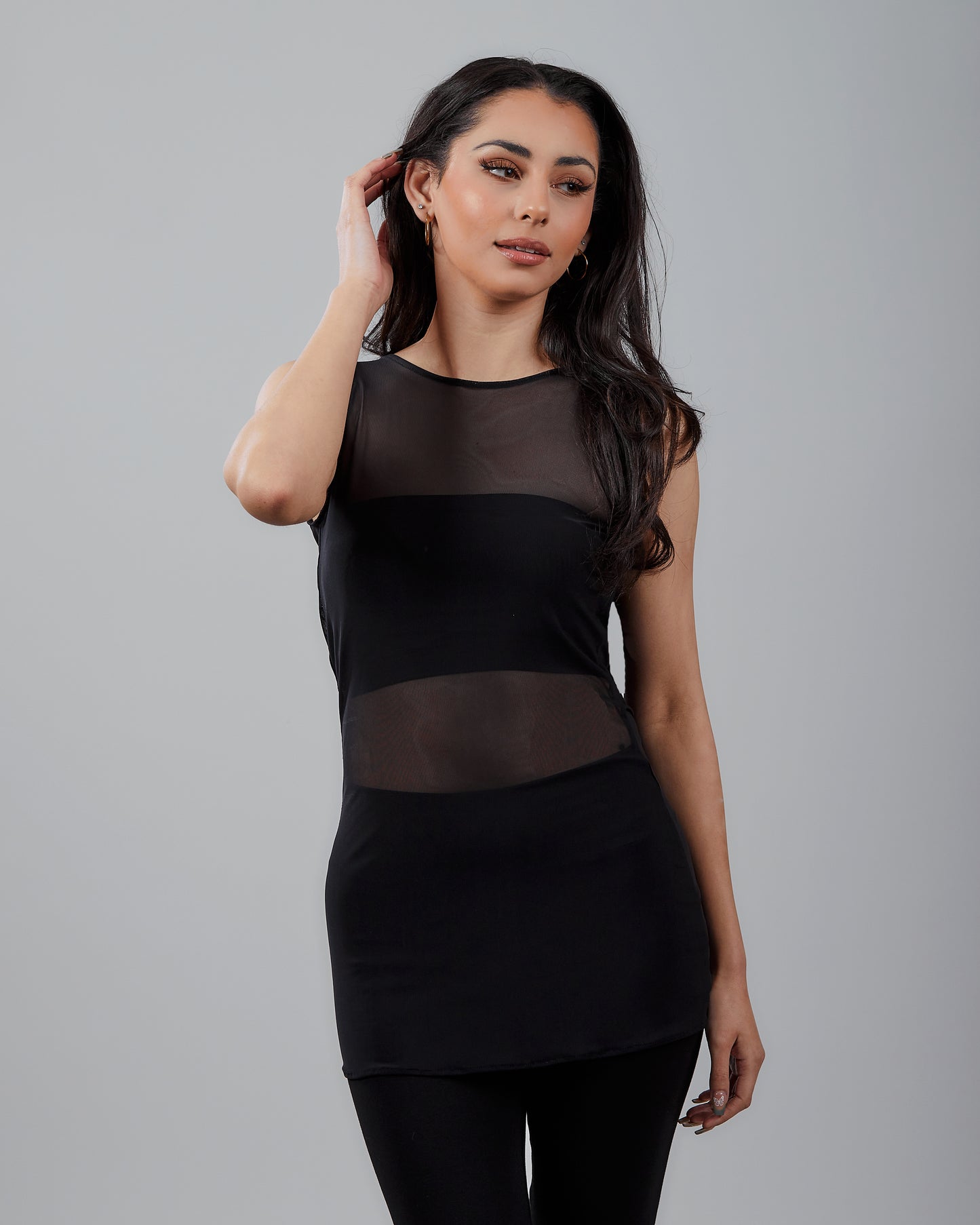 Sleeveless Power Mesh Back Cowl Tunic