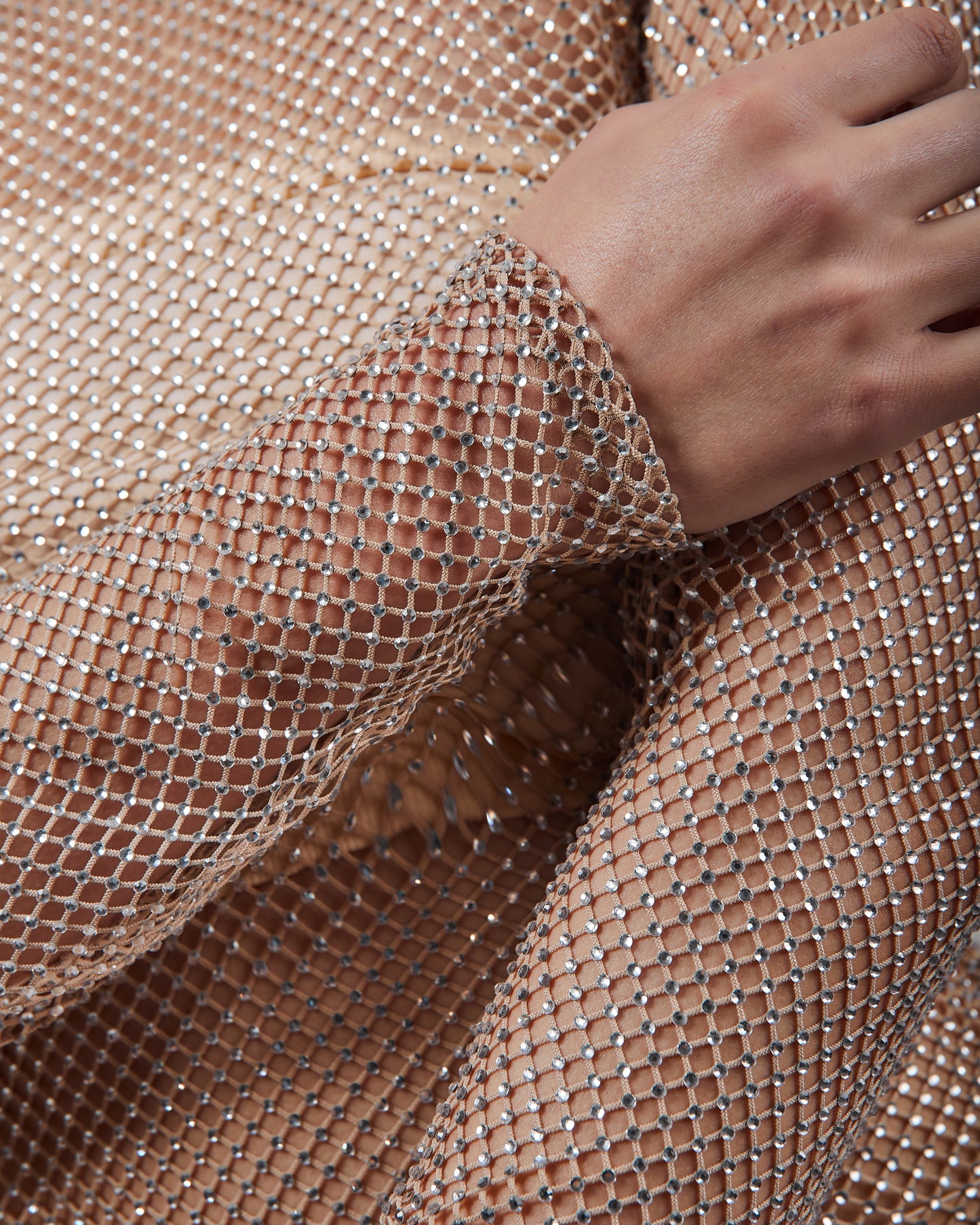 Long Sleeve Rhinestone Studded Stretch Net Top