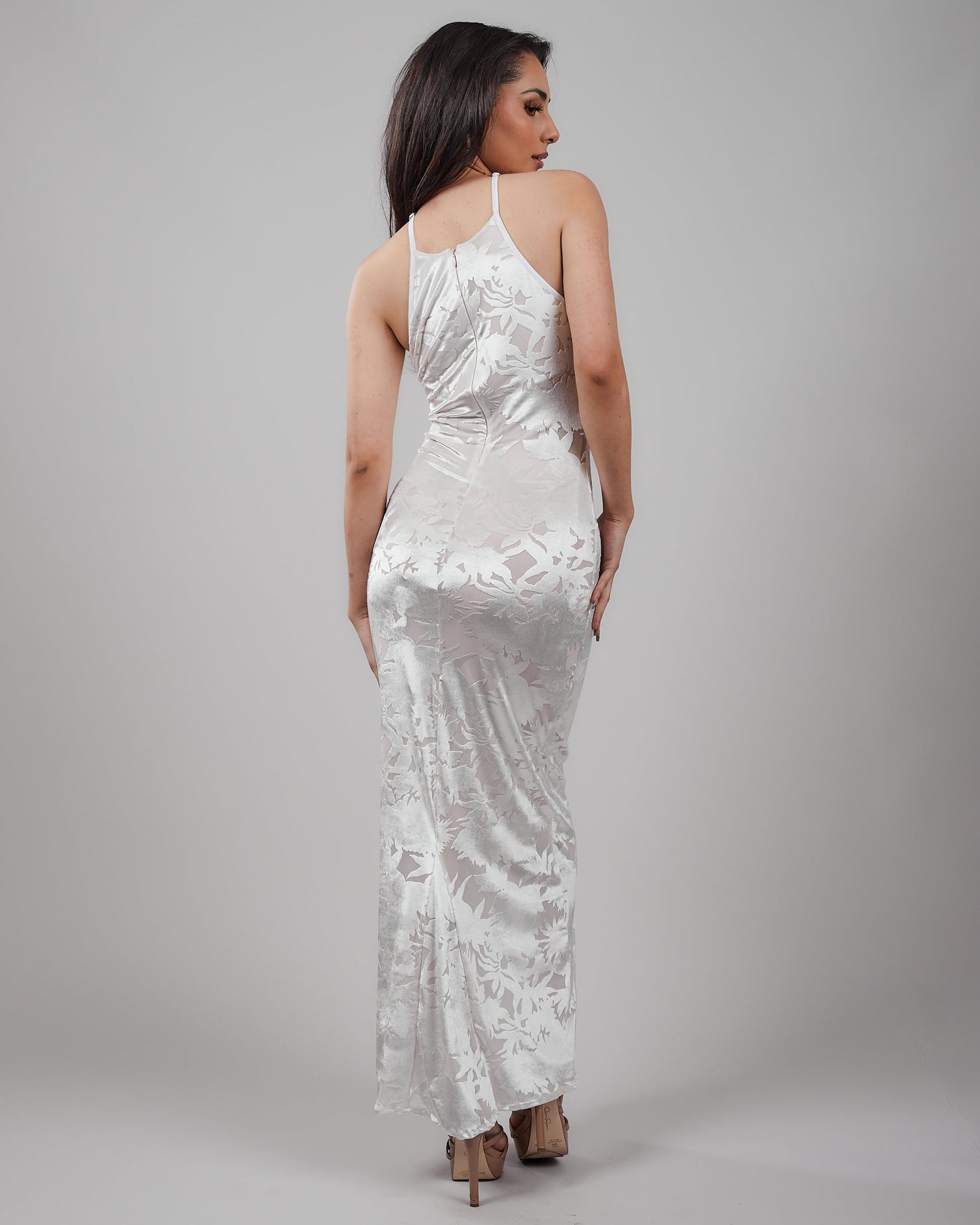 Burnout Velvet Full Length Dress with Cut-In Shoulders & Chainé Trim