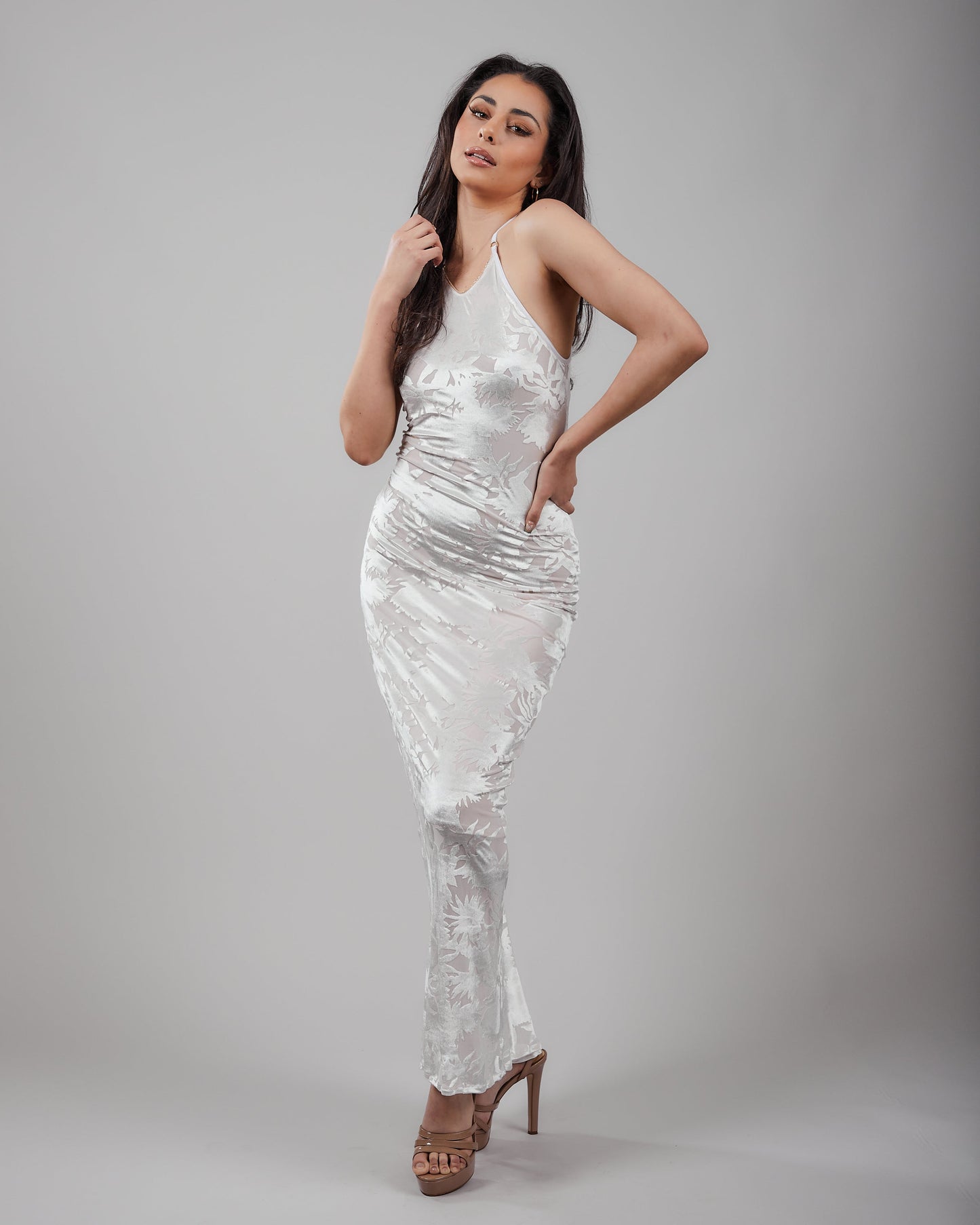 Burnout Velvet Full Length Dress with Cut-In Shoulders & Chainé Trim