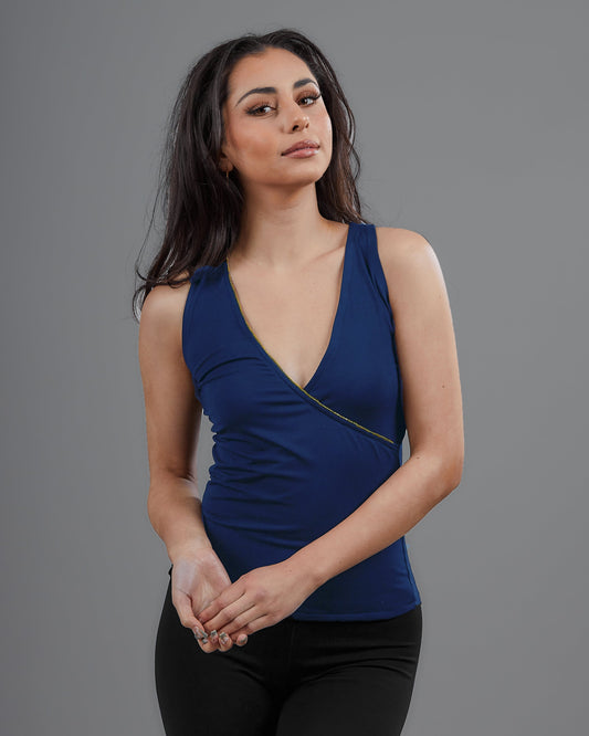 Knit Sleeveless Wrap Front Top with Chainé Trim