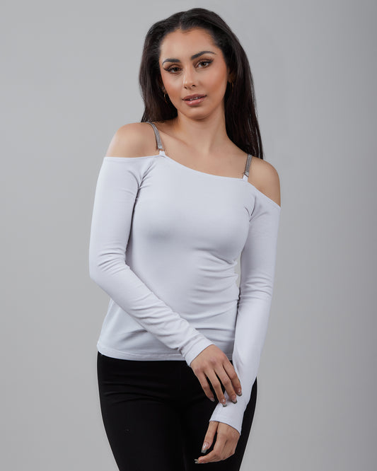 Knit Long Sleeve Top Off The Shoulder with Chainé Trim