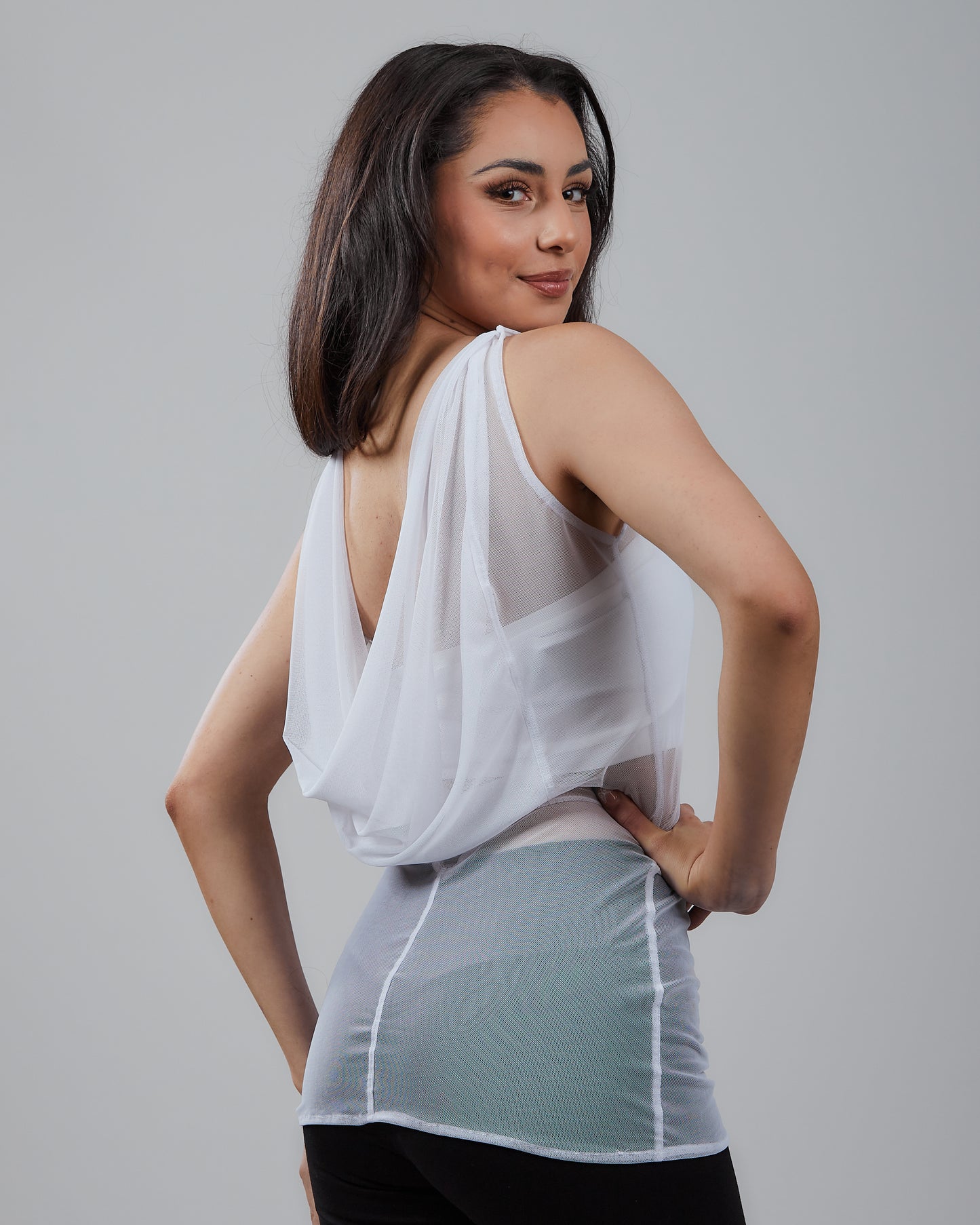 Sleeveless Power Mesh Back Cowl Tunic