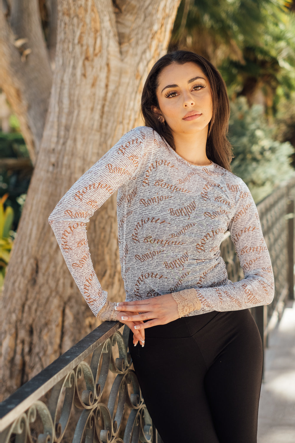 Long Sleeve Lace Trimmed Power Mesh T-Shirt: Your New Wardrobe Staple