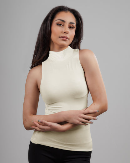 Sleeveless Mock Turtleneck Tank Top with Cut in Shoulders