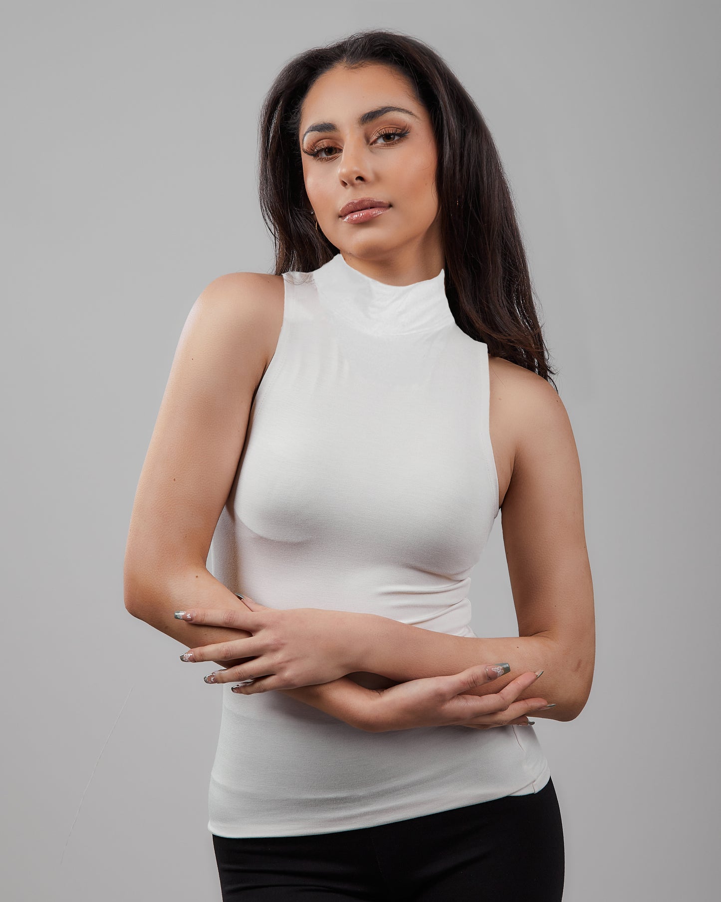 Sleeveless Mock Turtleneck Tank Top with Cut in Shoulders