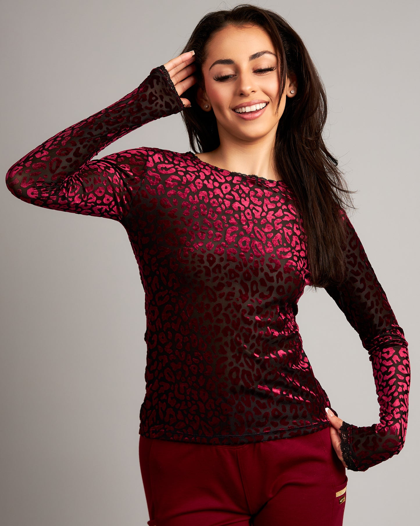 Burnout Stretch Velvet Long Sleeve Top