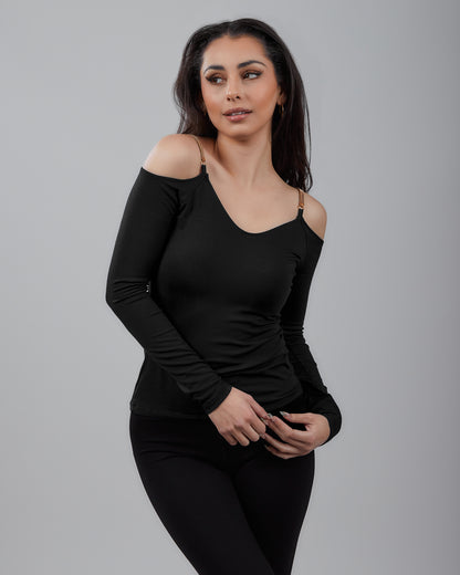 Knit Long Sleeve Top Off The Shoulder with Chainé Trim