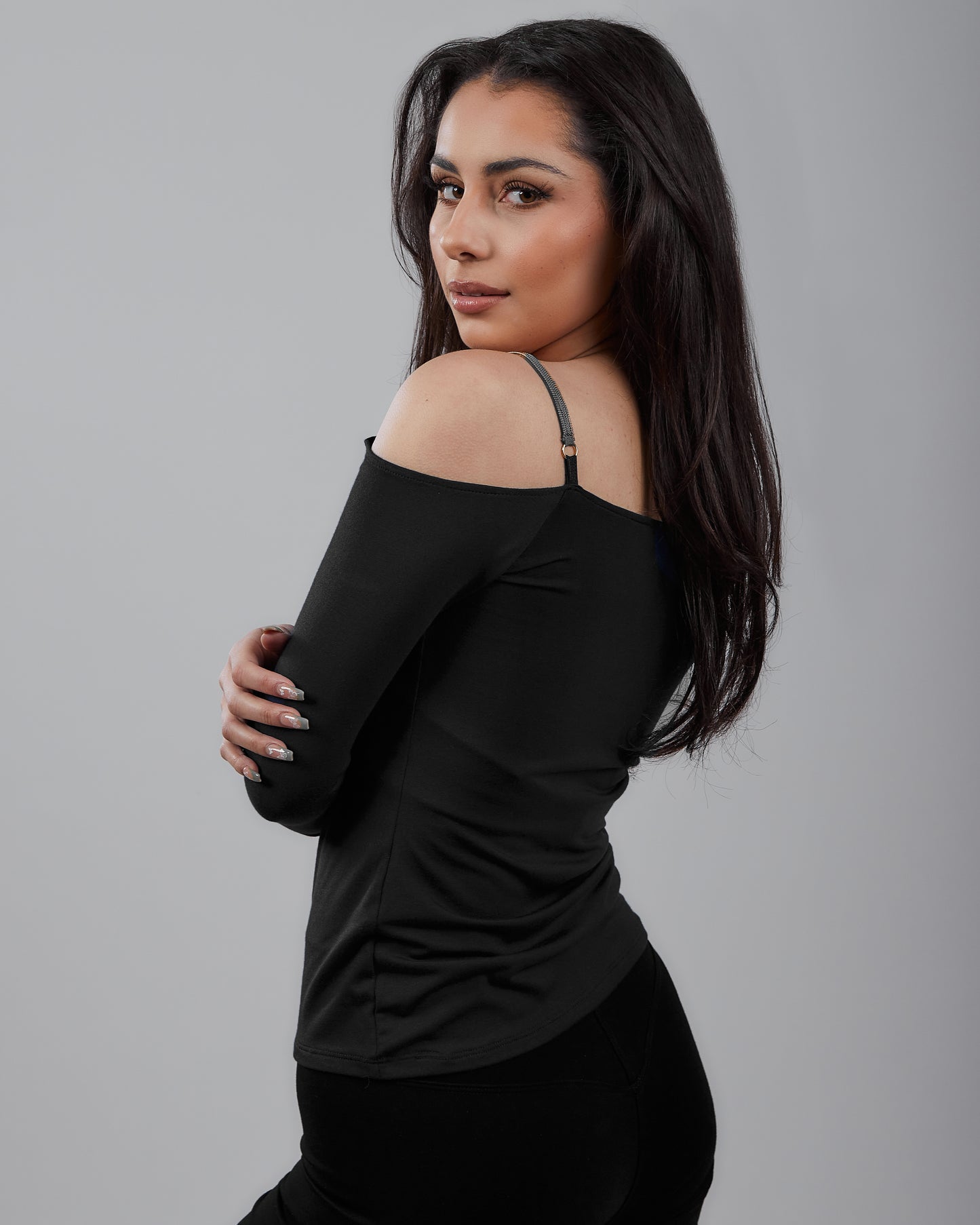 Knit Long Sleeve Top Off The Shoulder with Chainé Trim