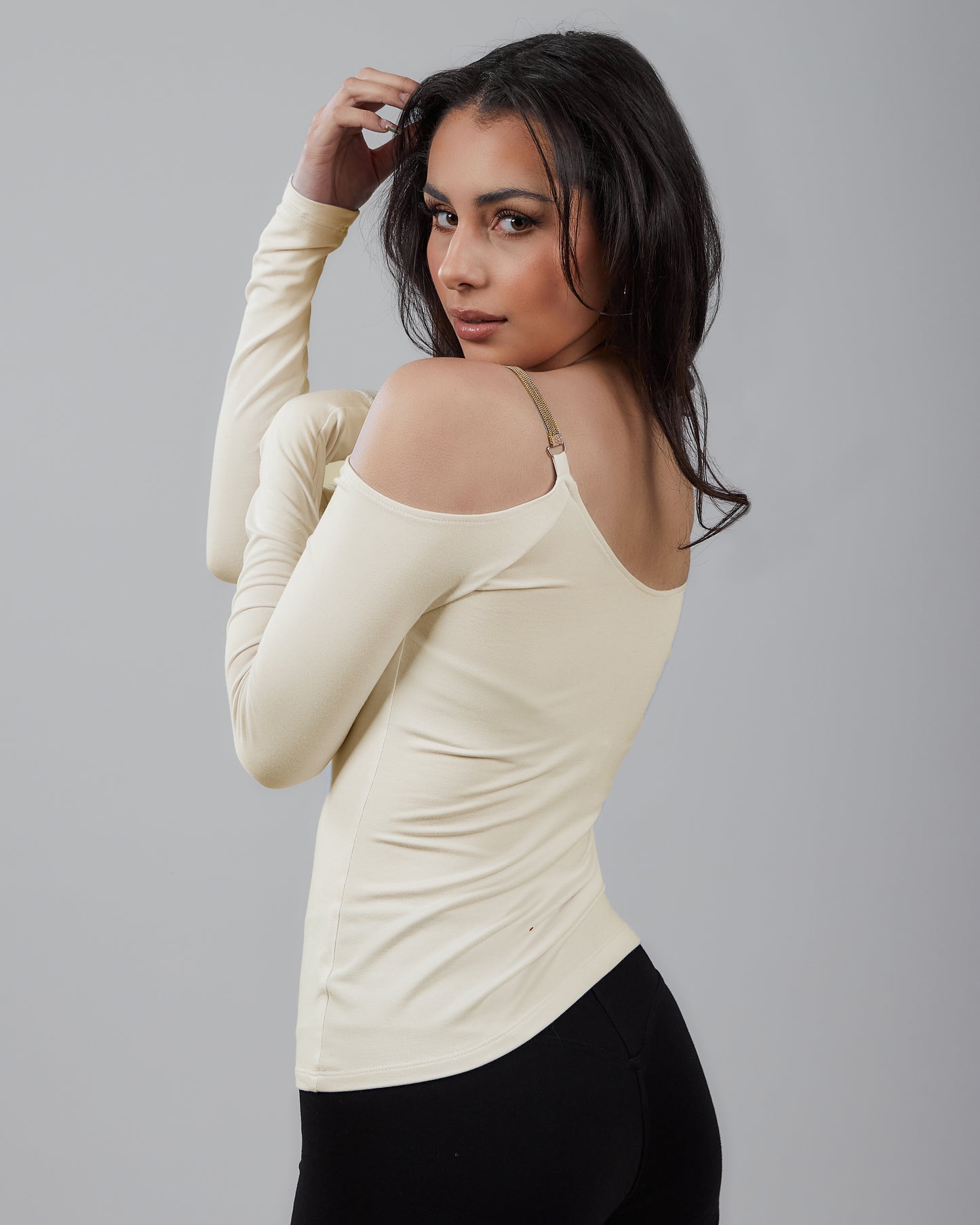 Knit Long Sleeve Top Off The Shoulder with Chainé Trim