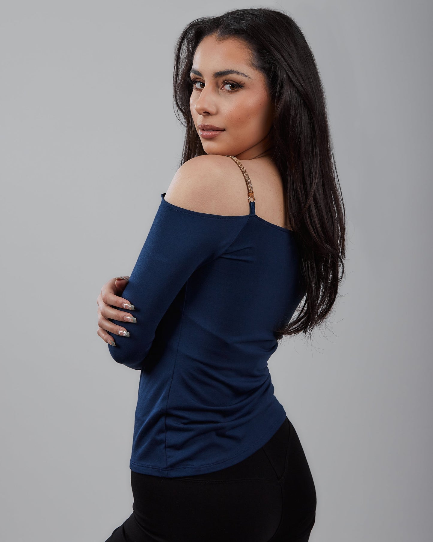 Knit Long Sleeve Top Off The Shoulder with Chainé Trim