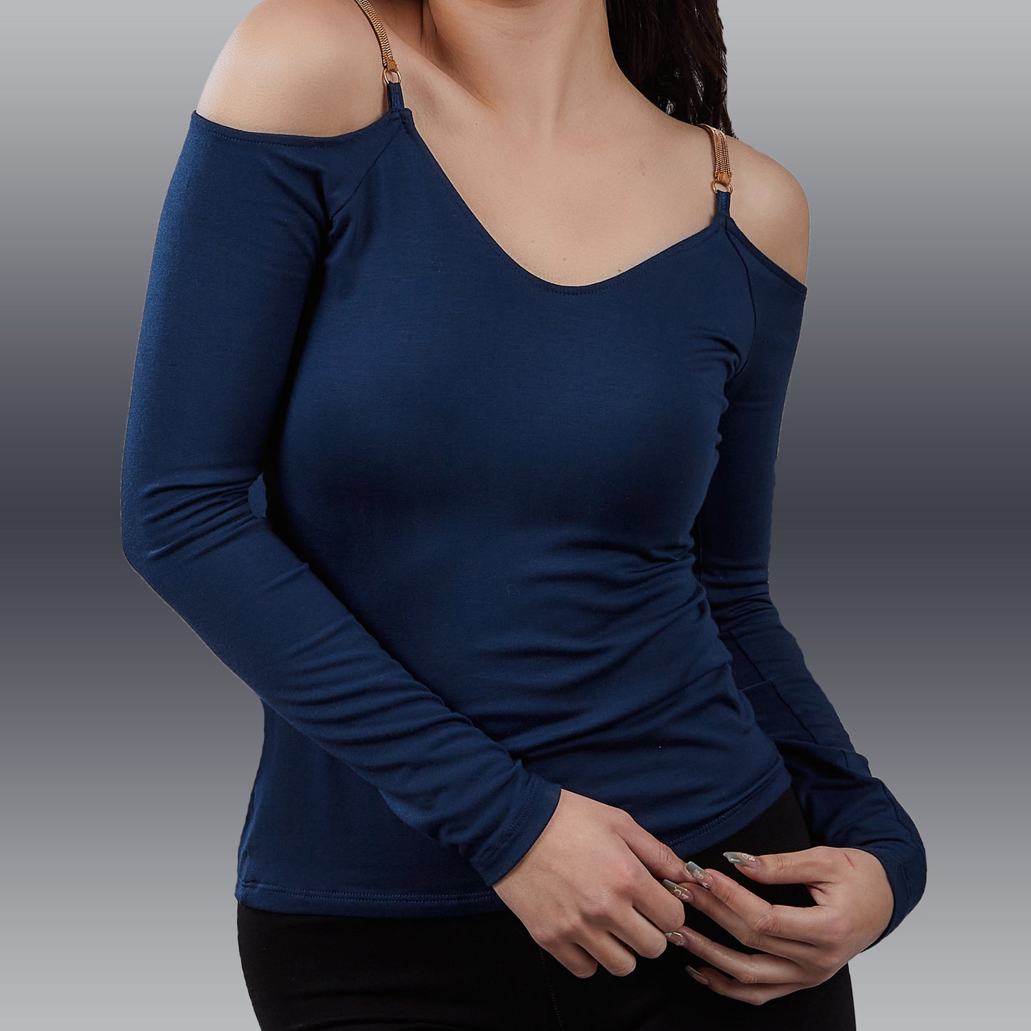 Knit Long Sleeve Top Off The Shoulder with Chainé Trim